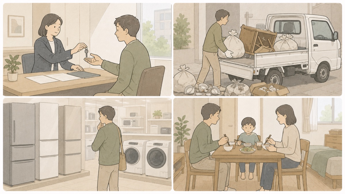 仮住まいの契約、壊れた家具の処分、家電の買い直し、新しい部屋での食事という4つの場面のイラスト