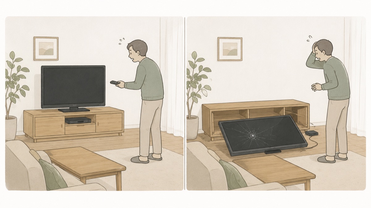 テレビを見ている場面と、テレビが倒れて画面が割れてしまった場面を並べたイラスト
